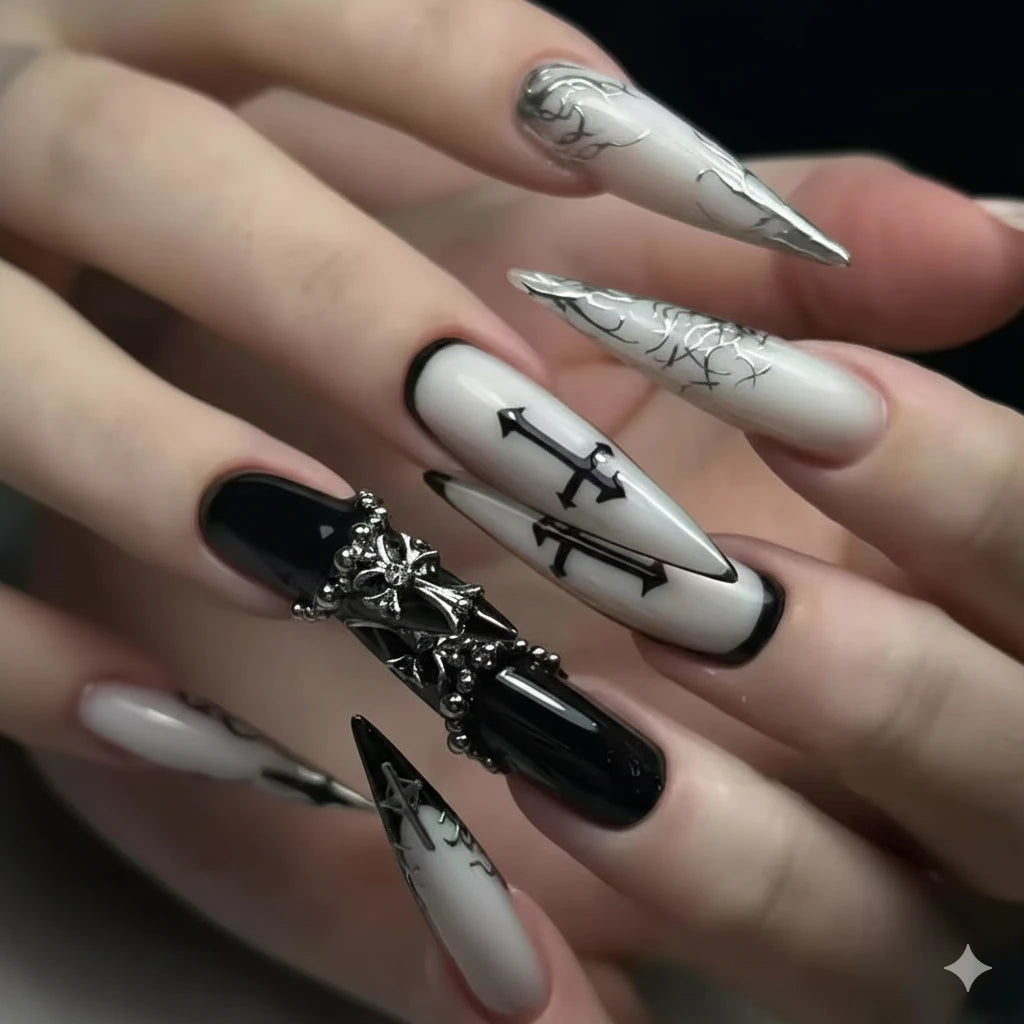 Black and White Gothic Rhinestone Press-On Nails(24 pieces)