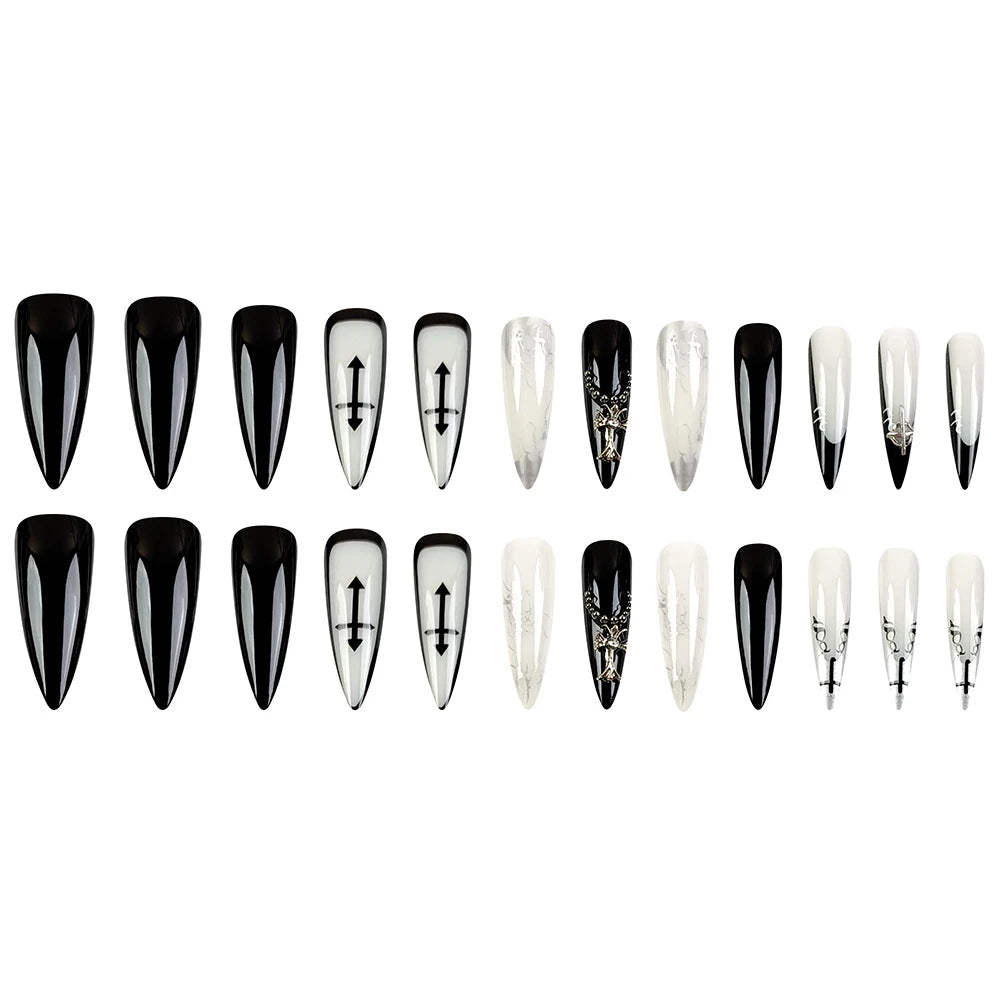 Black and White Gothic Rhinestone Press-On Nails(24 pieces)